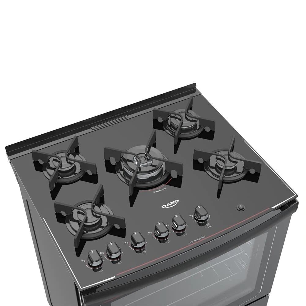 Fogão Dako Supreme Glass 5 Bocas com Mesa De Vidro Preto Solar Móveis